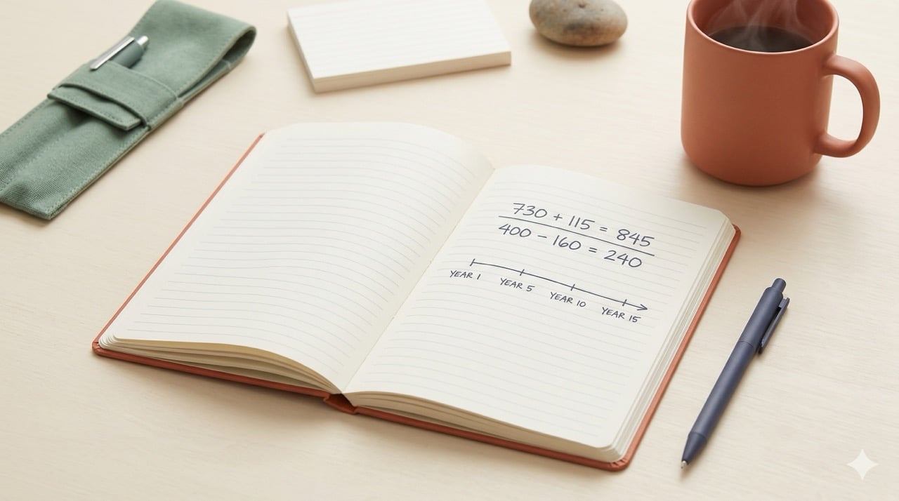 A notebook open on a desk with handwritten calculations and a timeline from Year 1 to Year 15, next to a terracotta mug of coffee, a blue pen, and a green pen case — illustrating long-term financial planning concepts